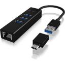 Raidsonic USB centrmezgls IB-HUB1419-LAN, 3xUSB 3.2 Gen 1, 1x10/100/1000, WOL, USB powered, alumīnija korpuss