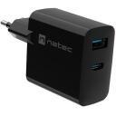 Natec Lādētājs NUC-2143, 45W, 1x USB-A, 1x USB-C, melns, 110-240V, 50/60Hz, 3A, 20V, 5V, ātrā uzlāde