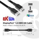 Club3D кабель DisplayPort CAC-1061 5м, 32.4Gbps, 1.4, 28AWG, черный, золотые контакты, защелкивающиеся разъемы