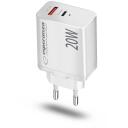 Esperanza Lādētājs EZC105W, 20W, balts, 100-240V, 50-60Hz, 1xUSB Type-C, 1xUSB Type A, ātrā uzlāde, pārslodzes aizsardzība