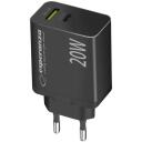 Esperanza Lādētājs EZC105K, 20W, melns, 50-60Hz, 100-240V, 1xUSB Type-C, 1xUSB Type A, ātrā uzlāde, pārkar&scaron;anas aizsardzība