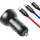 Baseus automobilių įkroviklis su ekranu TZCCBX-0G, 24W, 2xUSB, 4.8A, 1.2m 3-in-1 laidas, aliuminis, nailonas