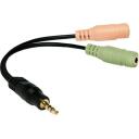 Logilink austiņu adapteris CA0021, 4 kontaktu 3,5 mm stereo vīrie&scaron;u, 2x 3,5 mm sievie&scaron;u, 0.15 m, Apsudrabotas kontaktdak&scaron;as