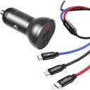 Baseus automobilių įkroviklis su ekranu TZCCBX-0G, 24W, 2xUSB, 4.8A, 1.2m 3-in-1 laidas, aliuminis, nailonas