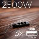 Maclean pagarinātājs MCE394 B, 2500W, 1.5m, 3x F, 3x USB A, melns, apgaismojums, slēdzis