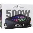 White Shark Toiteplokk CAPTAIN 3, 500 W, 80 Plus, 1x24-pin, 1x4/8-pin, 6xSATA, 4xMOLEX, 2xPCI-E 6/8-pin, 120 mm RGB ventilaator