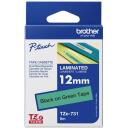 Brother TZe-731 laminēta lente, 8 m, 1,2 cm, melns uz zaļa, termiskā pārnese, izturīgs pret skrāpējumiem, ūdensizturīgs