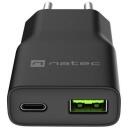 Natec Laadija NUC-2377, 20W, 1x USB-A, 1x USB-C, 110-240V, 3A, 50-60Hz, kiire laadimine, PPS, GaN