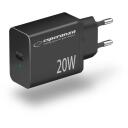 Esperanza Lādētājs EZC104K, 20W, melns, 100-240V, 50-60Hz, 1xUSB-C, ātrā uzlāde, pārkar&scaron;anas aizsardzība
