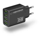 Esperanza Lādētājs EZC107K, 36W, melns, 50-60Hz, 100-240V, 4xUSB A, ātrā uzlāde, pārkar&scaron;anas aizsardzība