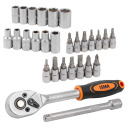 Trieciena atslēgu un uzgali komplekts, ISMA, IS-2028-5, 28 gab., CrV tērauds, 1/4" savienojums