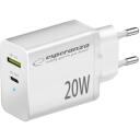 Esperanza Lādētājs EZC105W, 20W, balts, 100-240V, 50-60Hz, 1xUSB Type-C, 1xUSB Type A, ātrā uzlāde, pārslodzes aizsardzība