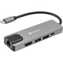 Sandberg USB-C 5in1 ceļojumu doks 336-99, 100W, 5 porti, 4K HDMI, 2xUSB 3.0, RJ45 10/100 Mb/s, alumīnijs