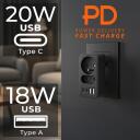 Maclean muciņa x2 + 4xUSB, MCE249 F/B, 100-240VAC, 50-60Hz, 2xUSB-A, 2xUSB-C PD 20W, 1x16A, 1x6A, melna