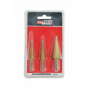 HSS-TiN kāpņu urbju bitu komplekts 3 gab. 3-20mm, titāna nitrīda pārklājums, AW40997, AWTOOLS