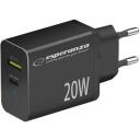 Esperanza Lādētājs EZC105K, 20W, melns, 50-60Hz, 100-240V, 1xUSB Type-C, 1xUSB Type A, ātrā uzlāde, pārkar&scaron;anas aizsardzība