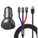Baseus automobilių įkroviklis su ekranu TZCCBX-0G, 24W, 2xUSB, 4.8A, 1.2m 3-in-1 laidas, aliuminis, nailonas