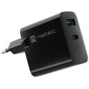 Natec Lādētājs NUC-2143, 45W, 1x USB-A, 1x USB-C, melns, 110-240V, 50/60Hz, 3A, 20V, 5V, ātrā uzlāde