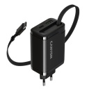 Kompaktne seinalaadija integreeritud USB C kaabliga 65 W koguvõimsusega 1×PD ja 1×QC kiirlaadimisportiga OnCharge 65RC Build In Cable EU Must CNS-CURC65ACB CANYON
