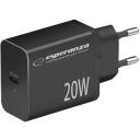 Esperanza Lādētājs EZC104K, 20W, melns, 100-240V, 50-60Hz, 1xUSB-C, ātrā uzlāde, pārkar&scaron;anas aizsardzība