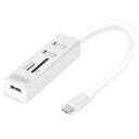 Digitus USB Type-C OTG 3-Port HUB un kar&scaron;u lasītājs DA-70243, 3xUSB 2.0, 480 Mbit/s, balts