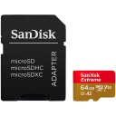 microSDXC Extreme atminties kortelė 64GB veiksmo kameroms ir dronams su SD adapteriu iki 170MB/s A2 Class 10 V30 UHS-I U3 SDSQXAH-064G-GN6AA SanDisk