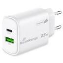 Mediarange strāvas adapteris MRMA112-2 25W, 1x USB-C, 1x USB-A, ātrā uzlāde, balts, polikarbonāts
