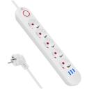 Maclean pagarinātājs MCE395 W, 110-240V AC, 50/60Hz, 2.1A, 5x F, 3x USB A, 1.5m, balts