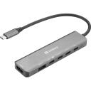Sandberg USB-C 6-in-1 MediaDock 136-77, 54g, pelēks, USB-C, Windows 11, 1xHDMI, 6 porti, 19cm, 4xUSB-C, 100W, PD 3.0, 2 displeji